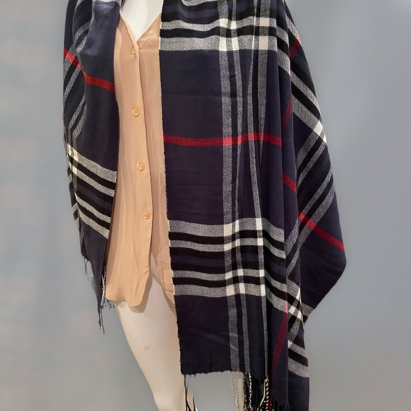 NYC ~ Navy blue Scarf  plaid fringed "Baby its Cold Outside"  ~ Multi Ways Wear - Picture 2 of 3